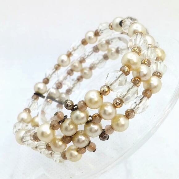 Vintage Triple Strand Pearl Bracelet Mid Century Clear Crystal Cuff Flex Wire - Picture 5 of 9